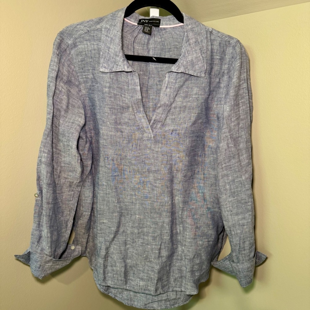 Jones New York Womens Blue 100% Linen V-Neck Roll Tab Sleeve Tunic Top‎ Size M